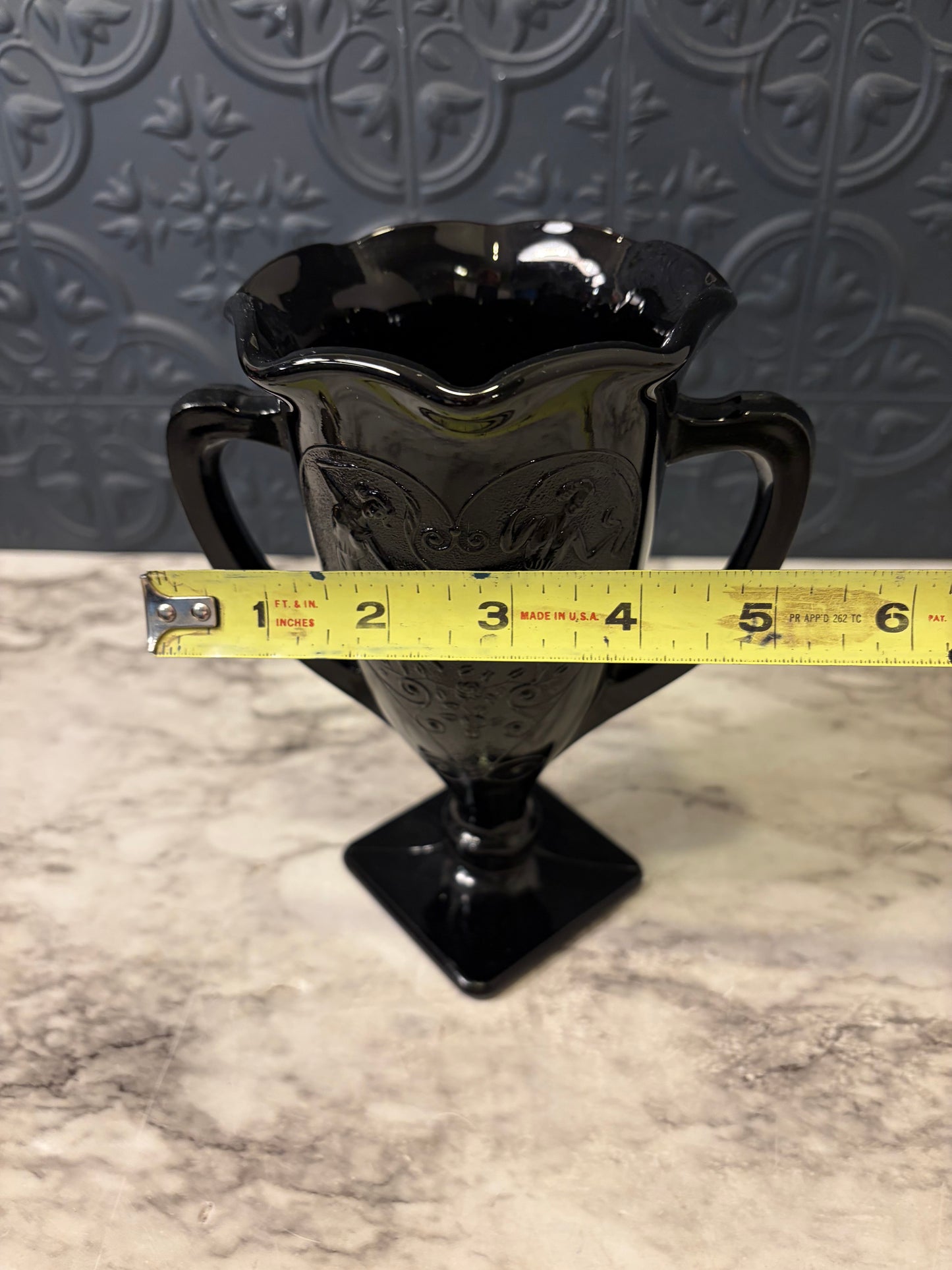 LE Smith Black Glass Trophy vase with Dancing Nymphs