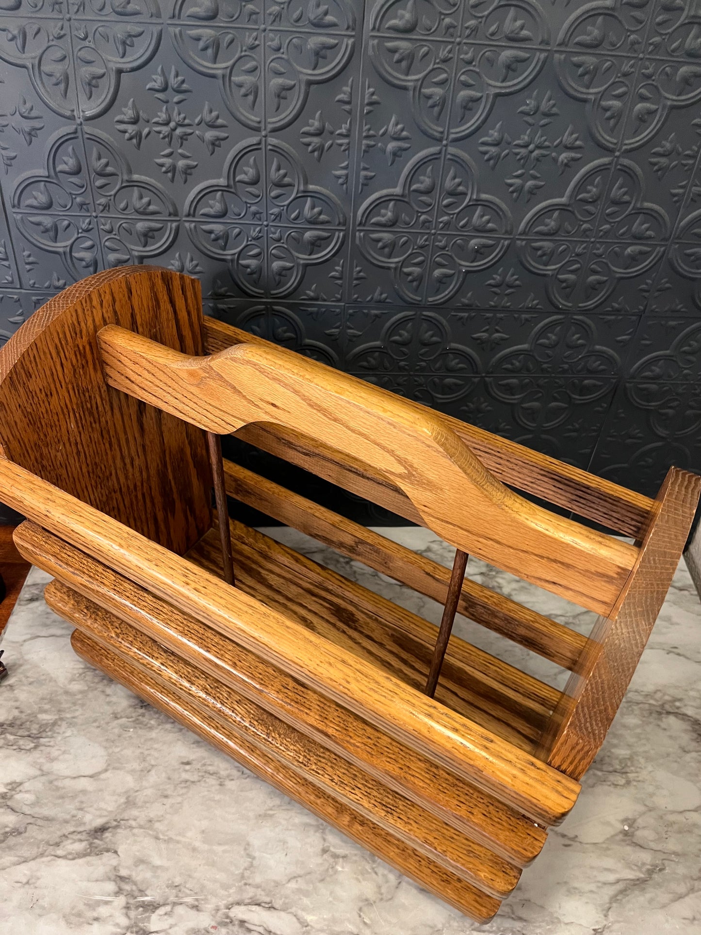 Large oak magazine book rack with slats