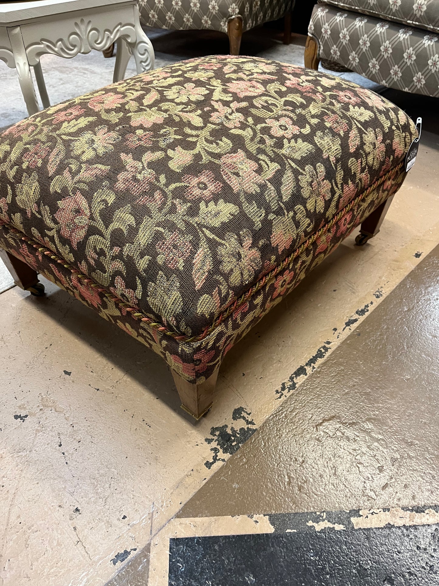 Large Pink and Green Upholstered Ottoman