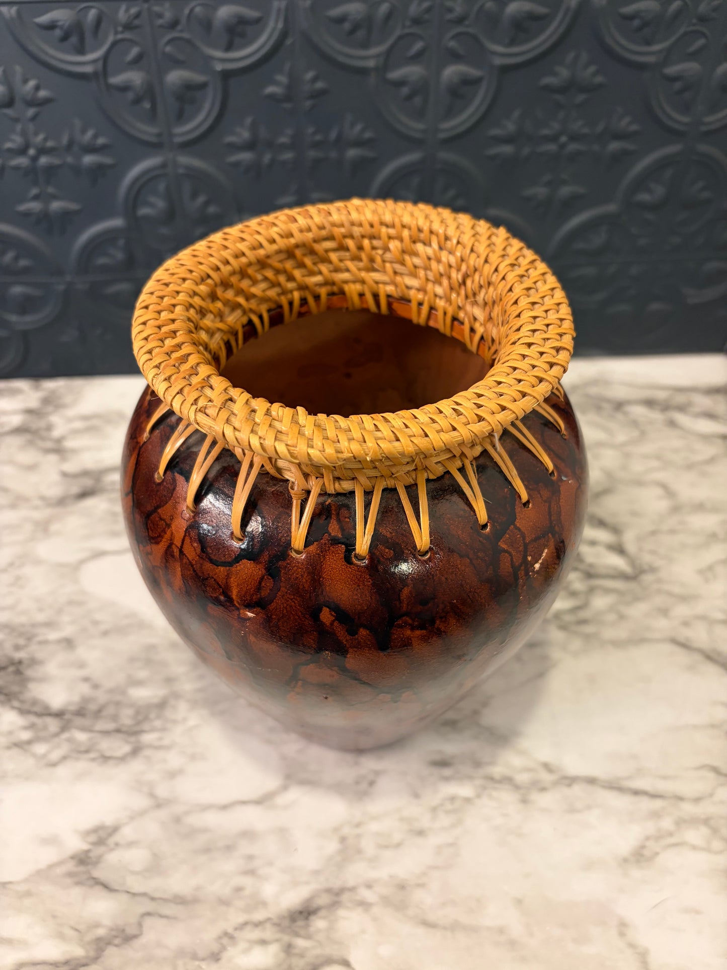 Brown Vase with Bamboo Wicker RIm
