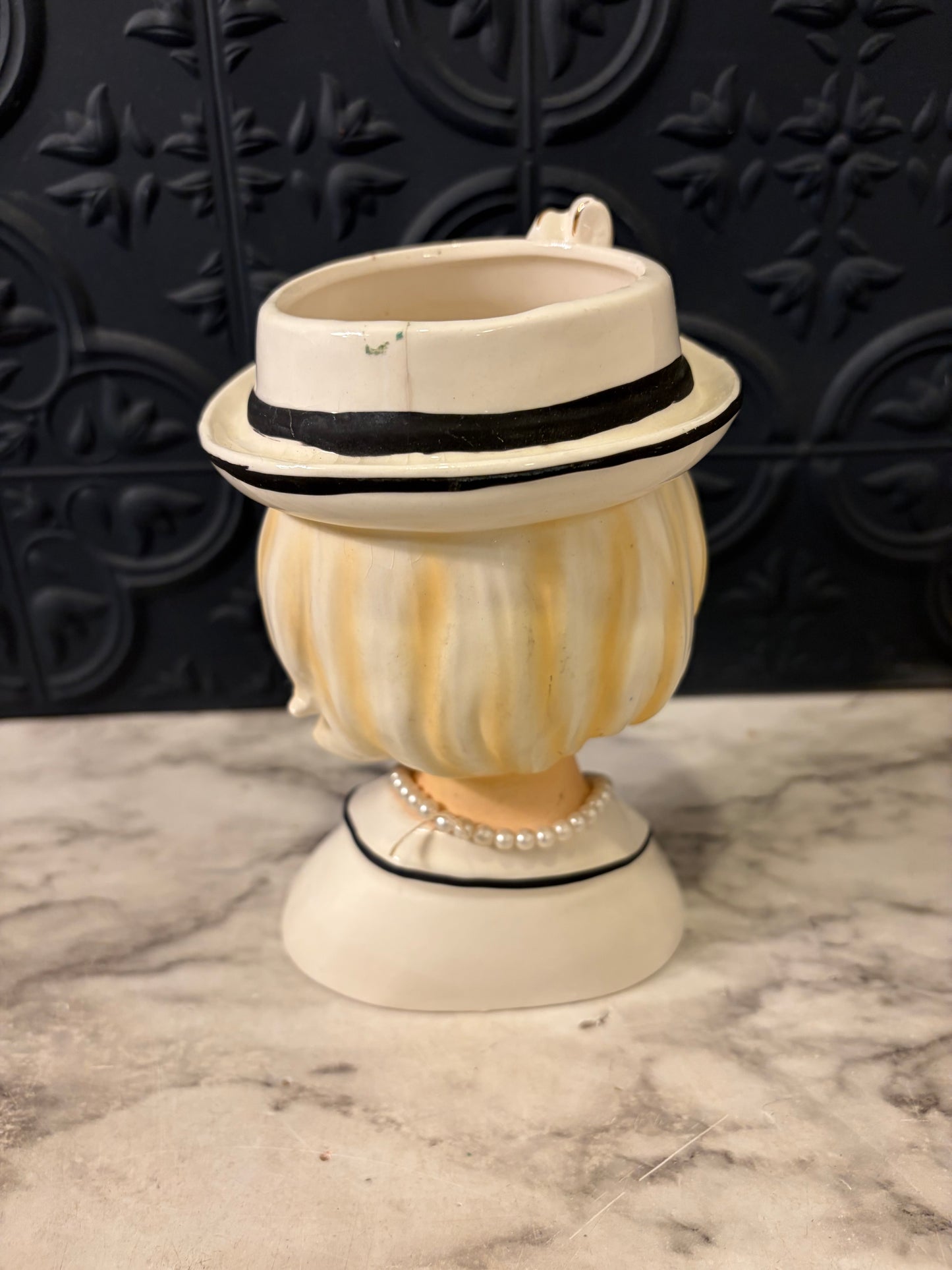 Lady Head Vase with White Hat and Black Trim