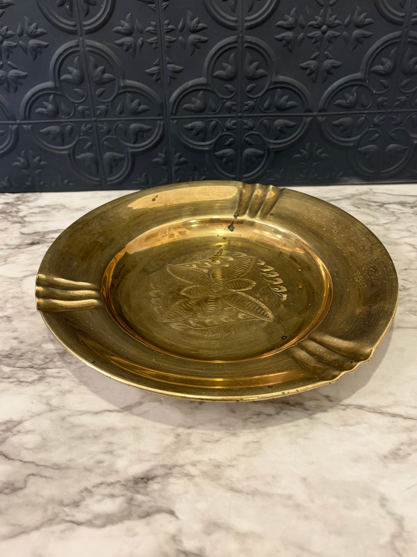 Large Brass Ashtray with Etching in Middle