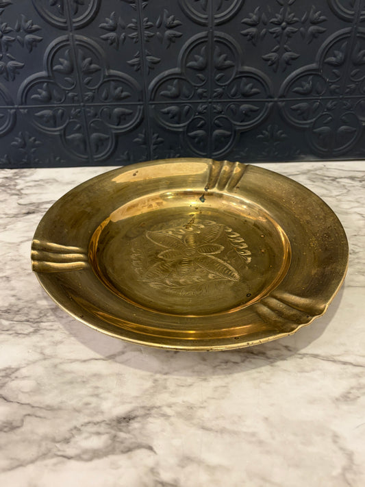 Large Brass Ashtray with Etching in Middle