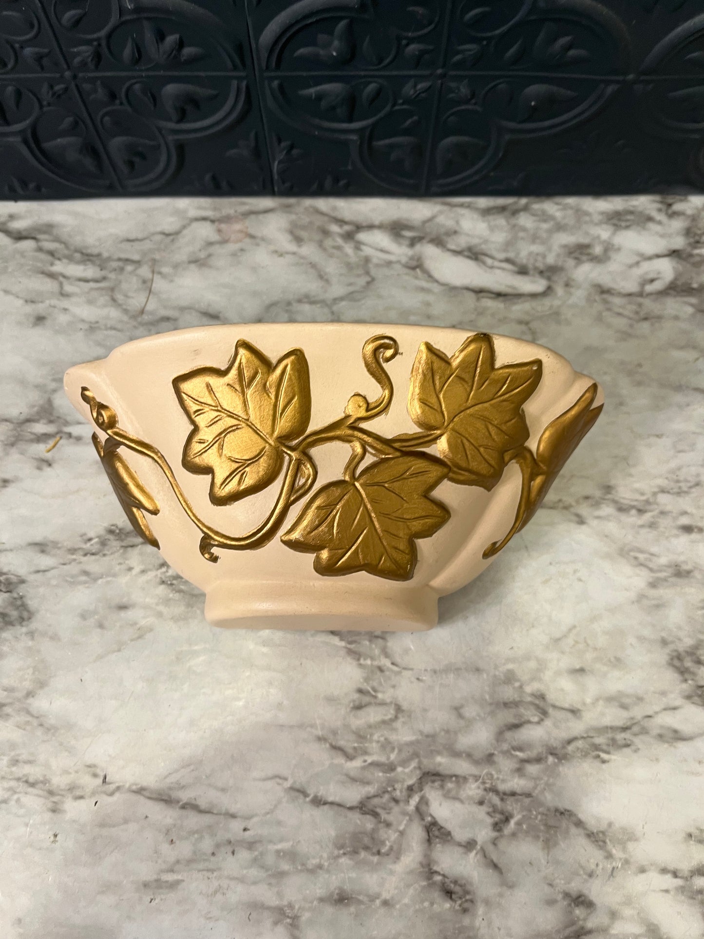 Cream Ceramic Wall Pocket with Gold Leaves