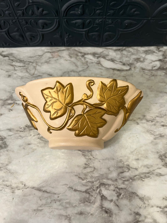Cream Ceramic Wall Pocket with Gold Leaves
