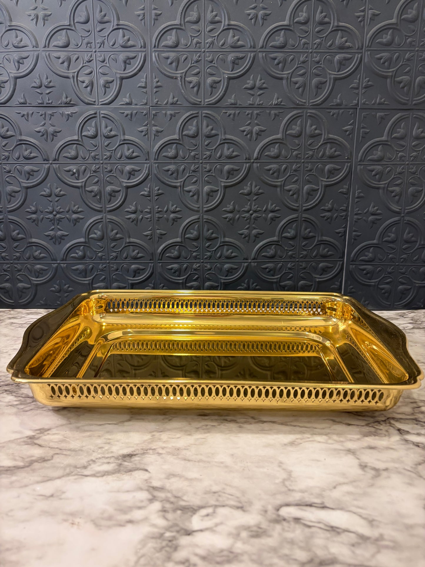Shiny Brass Tray with filigree edge Rectangle