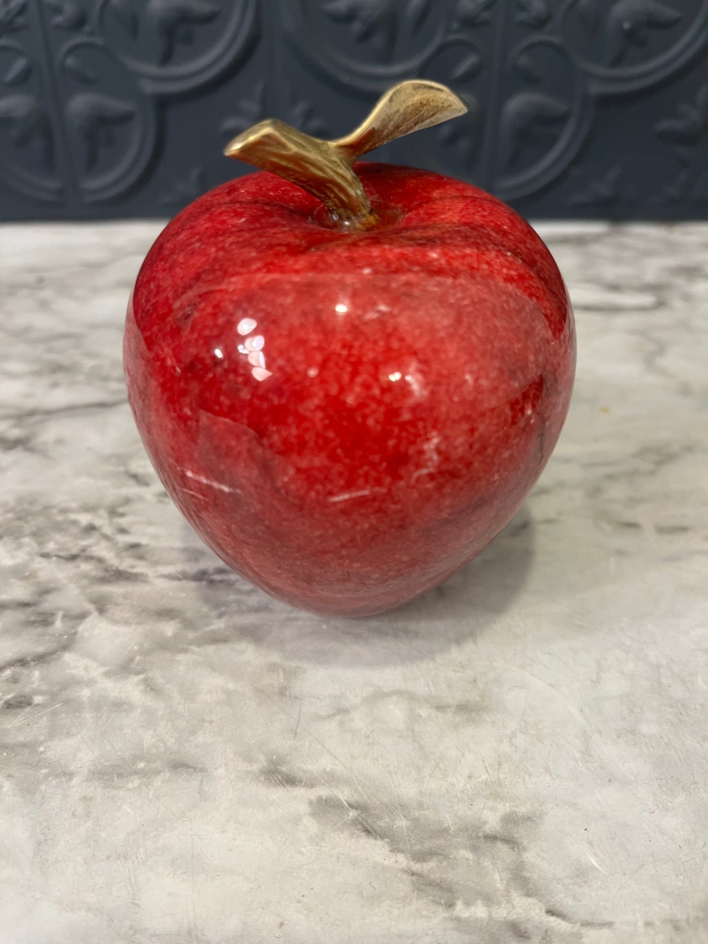 Red Marble Apple with Brass Leaf