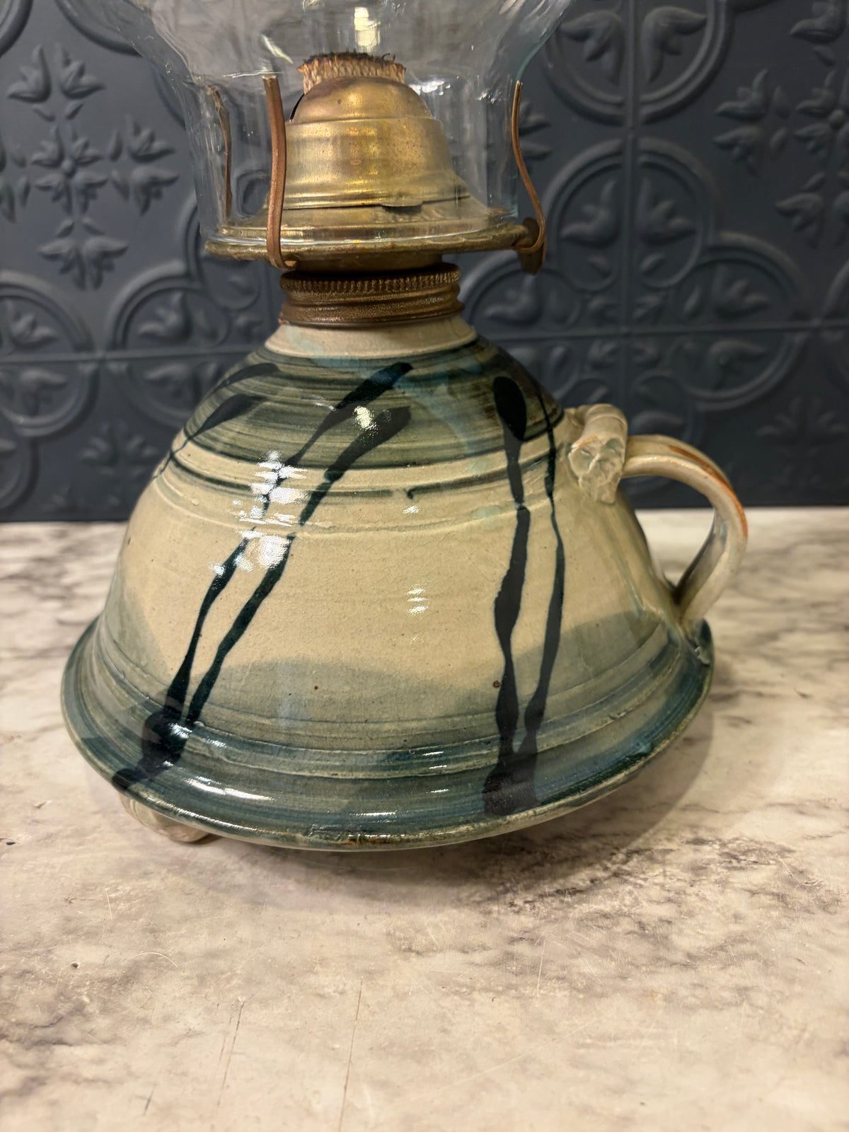 Oil Lamp with Pottery Base and Clear Hurricane