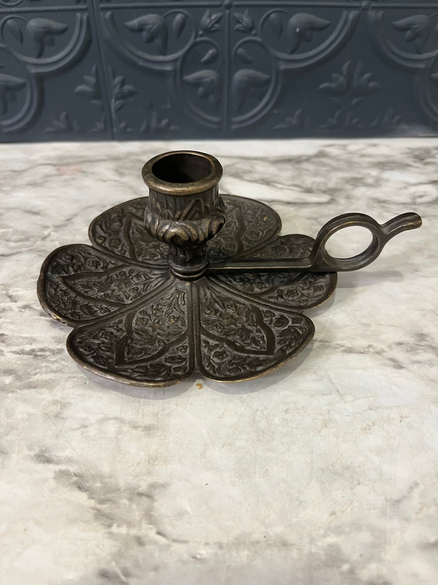 Vintage Flower Design Brass Chamberstick