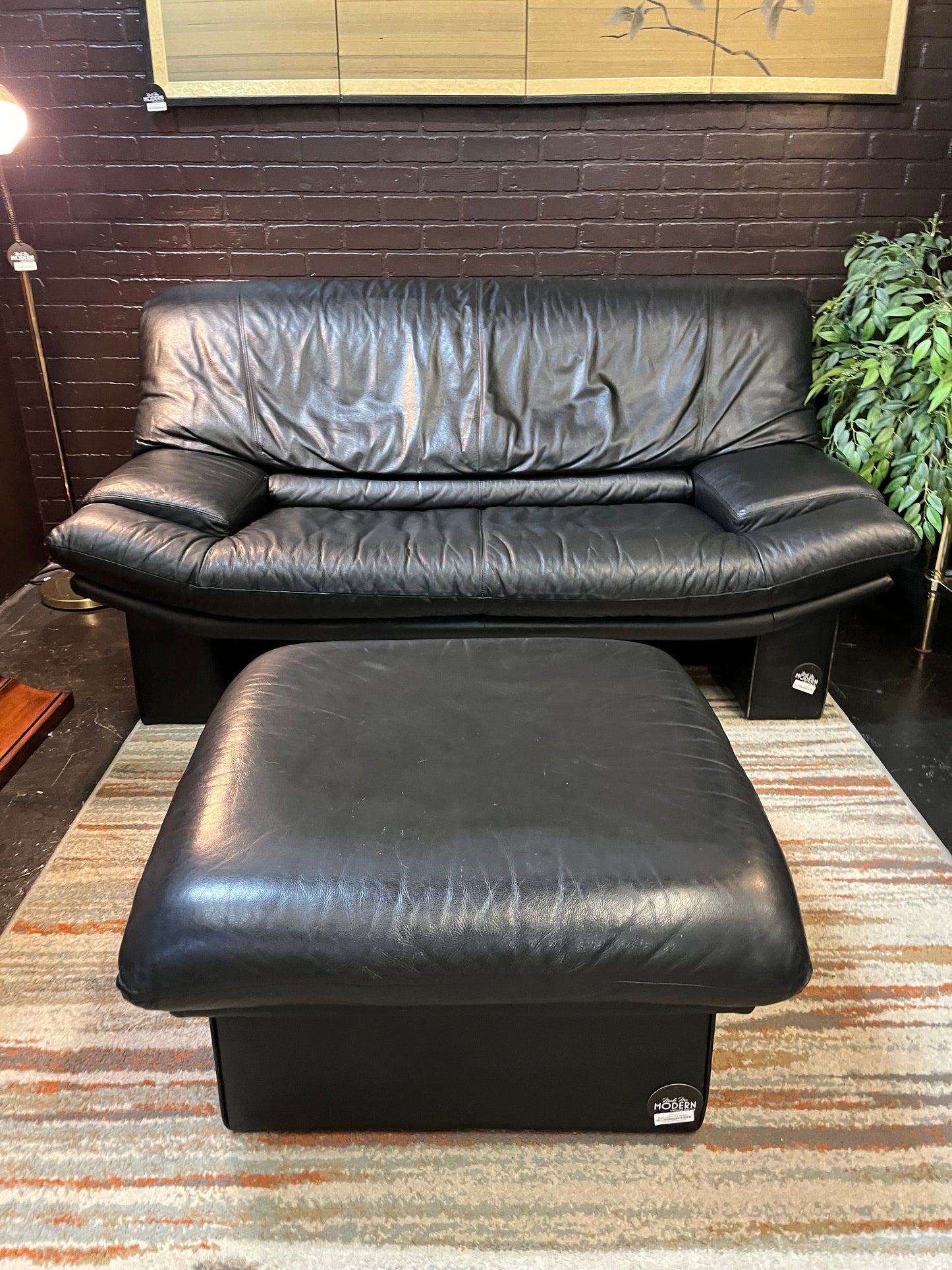 Black Leather Post Modern Nicoletti Style Ottoman