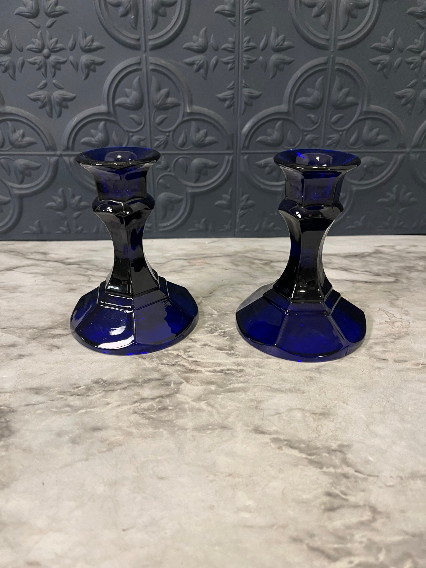 Cobalt Blue Glass candle holders x2