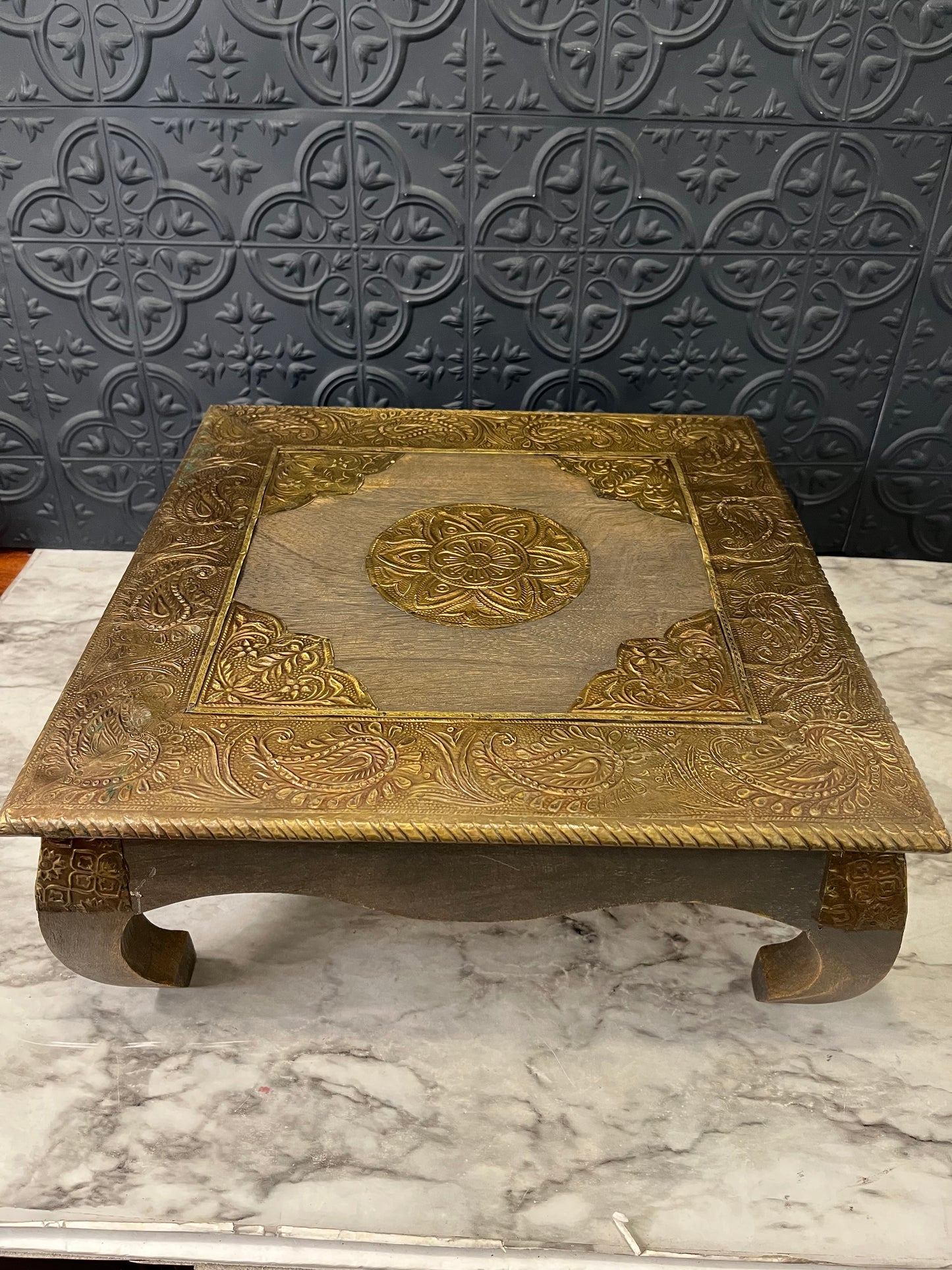 Embossed Metal and wood Riser (pooja chowki)