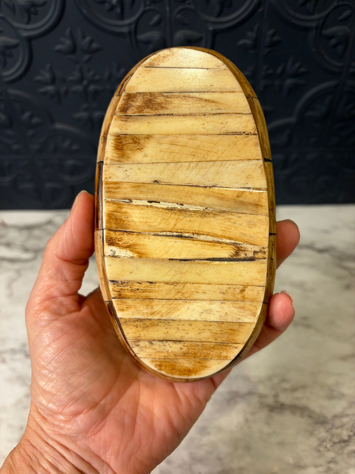 Oval Bone Trinket Box with Brass Inlay