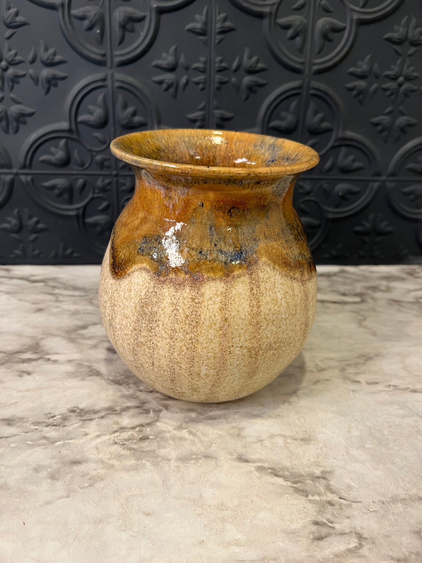 Studio Pottery Pot with brown drip glaze