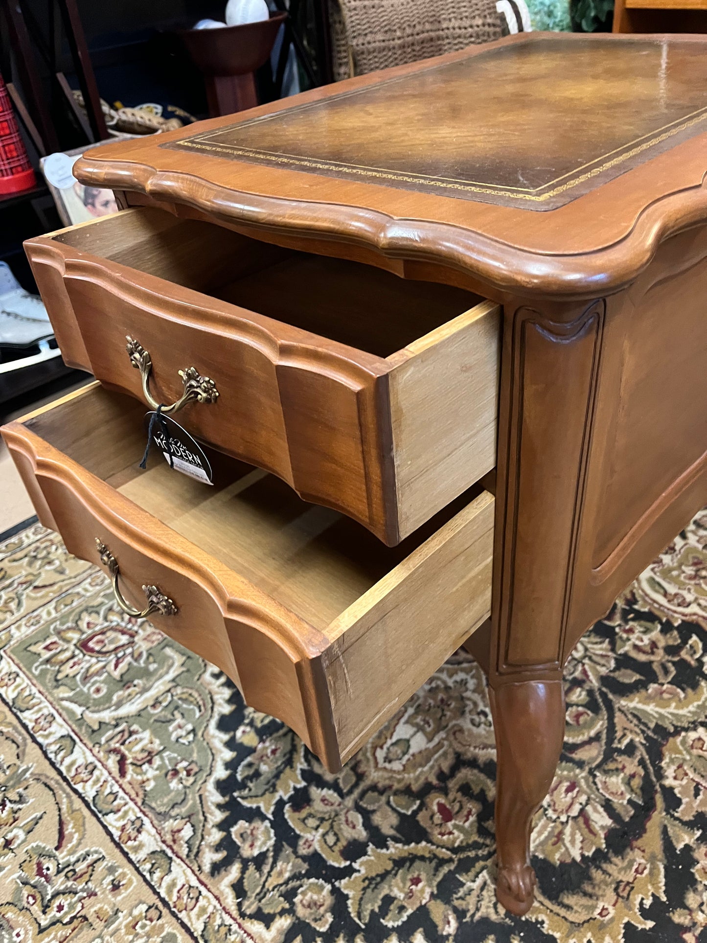 Vintage Wood Side Table with Leather Top