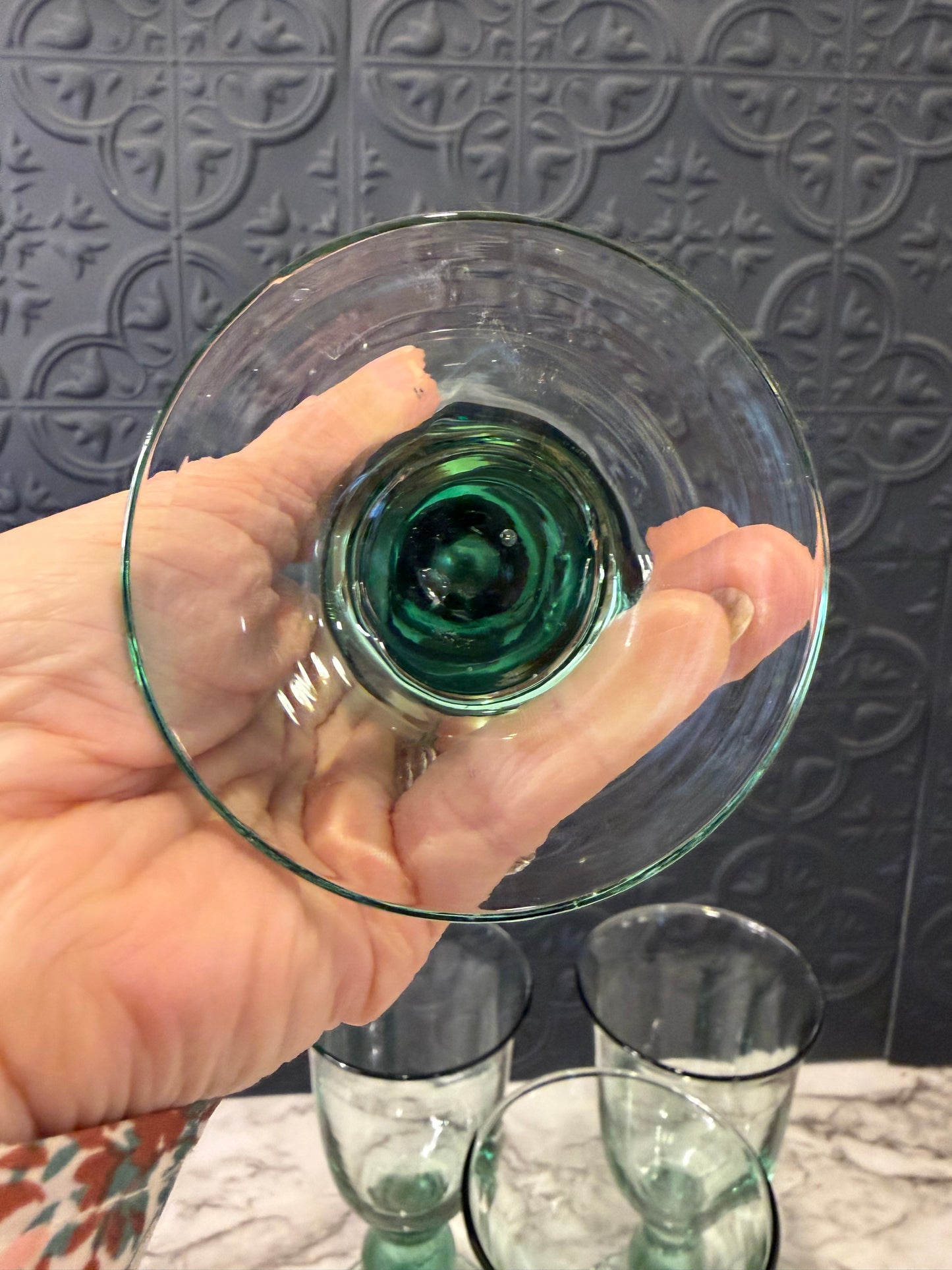 Seafoam Green Glass Goblets with Bublle Stem