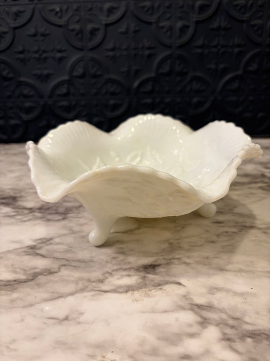 Milk Glass Ruffled Rose Embossed Footed Dish