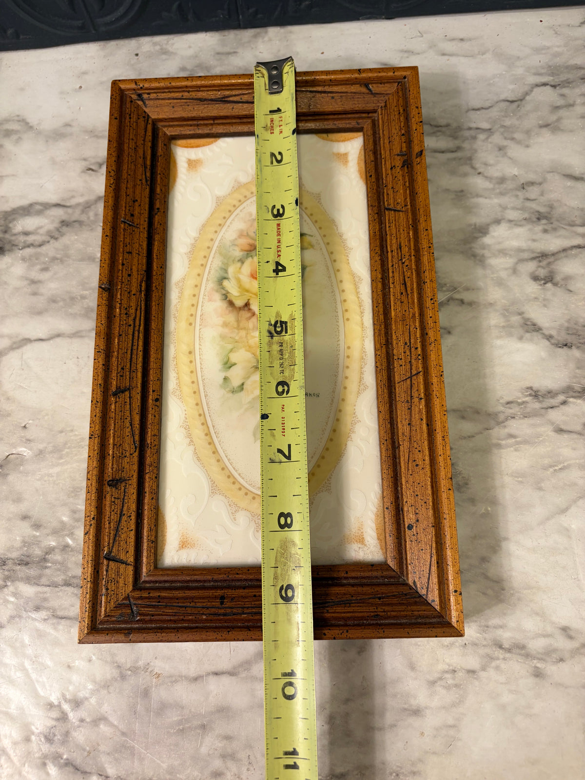 Decorative Floral Tile Framed in Rectangle Wood Frame