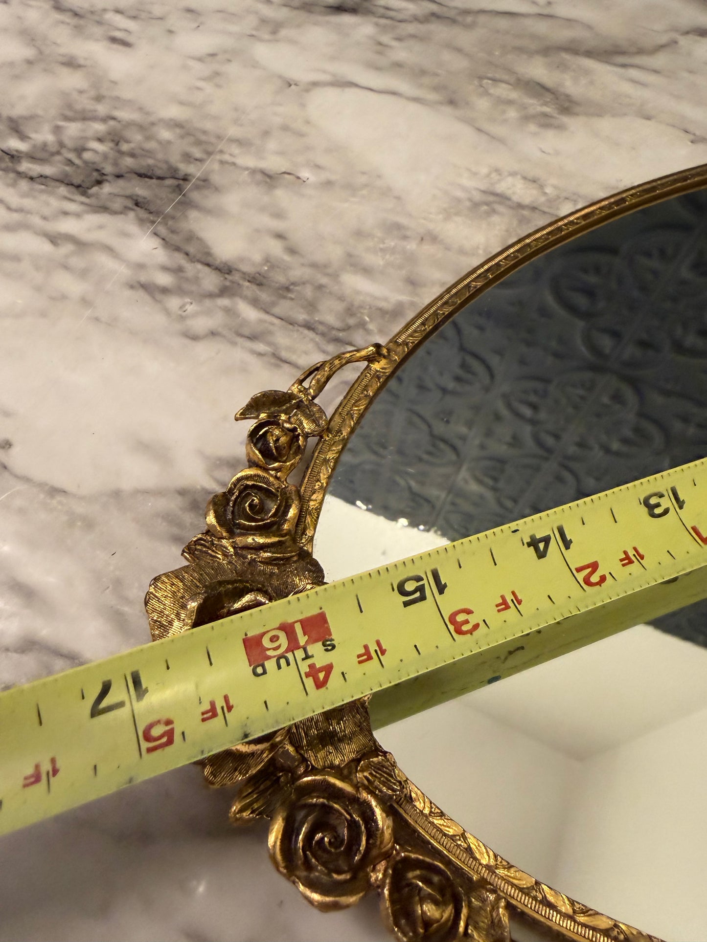 Oval Brass Mirror Tray with Roses 17"