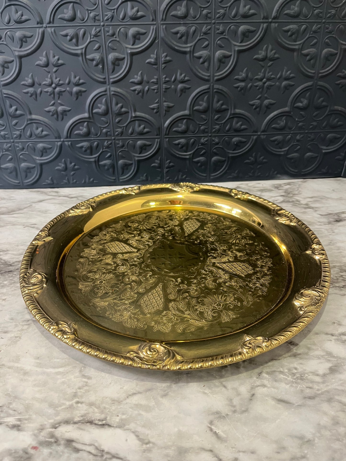 Round Etched Brass serving tray 13 inch