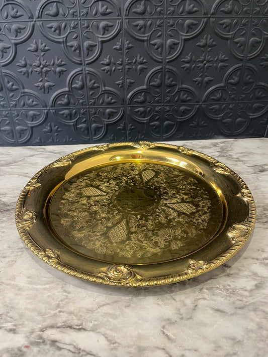 Round Etched Brass serving tray 13 inch