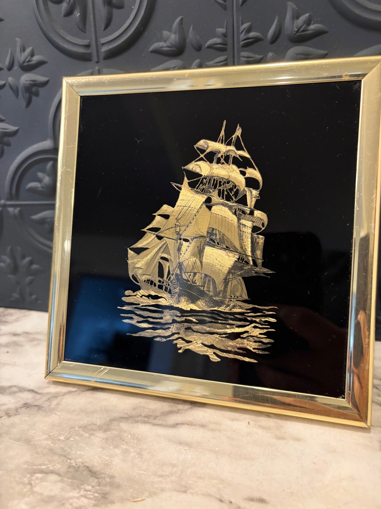 Gold Foil Ship on Black Framed