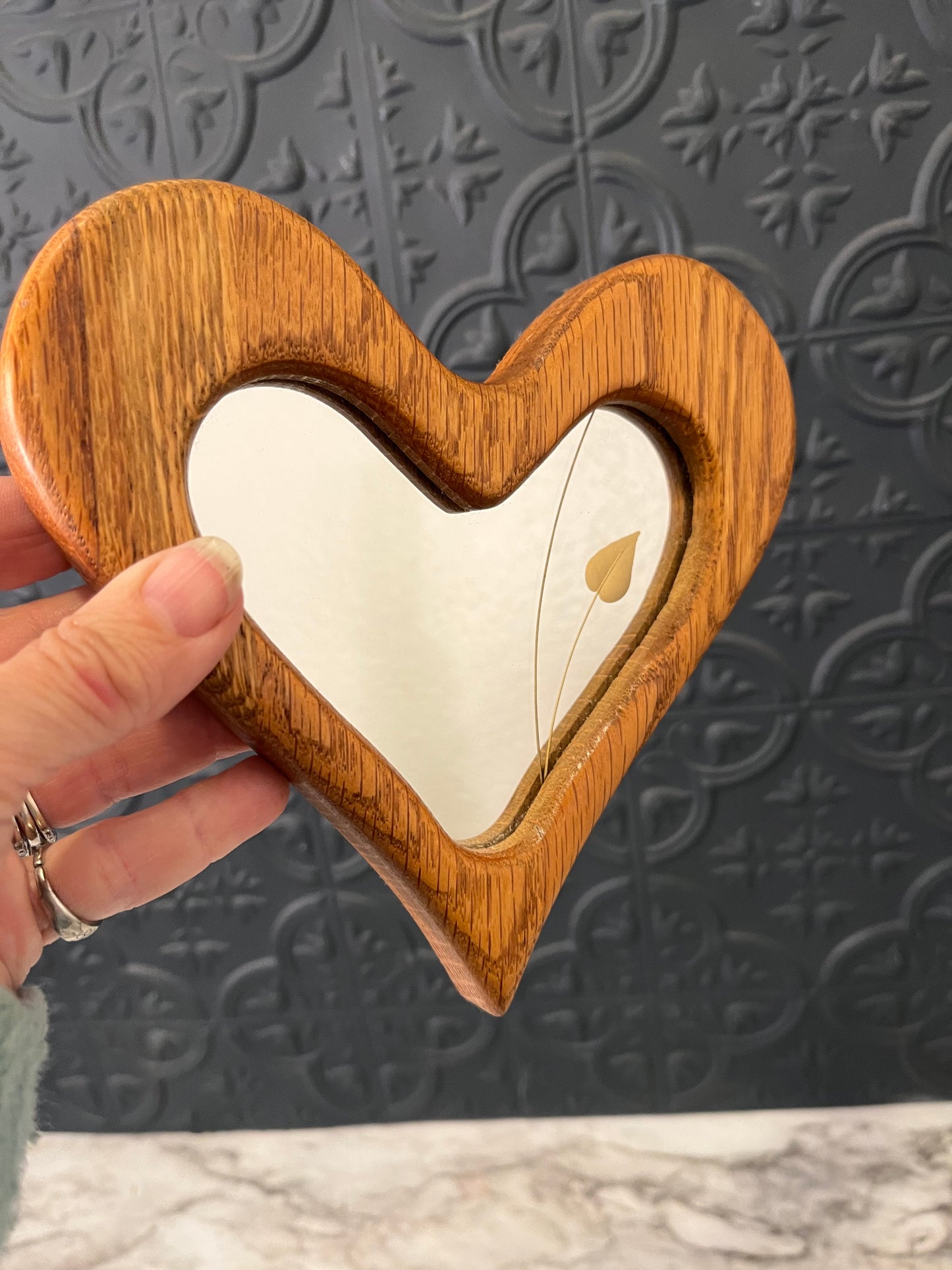 Vintage Wood Heart Mirror with Leaf Design