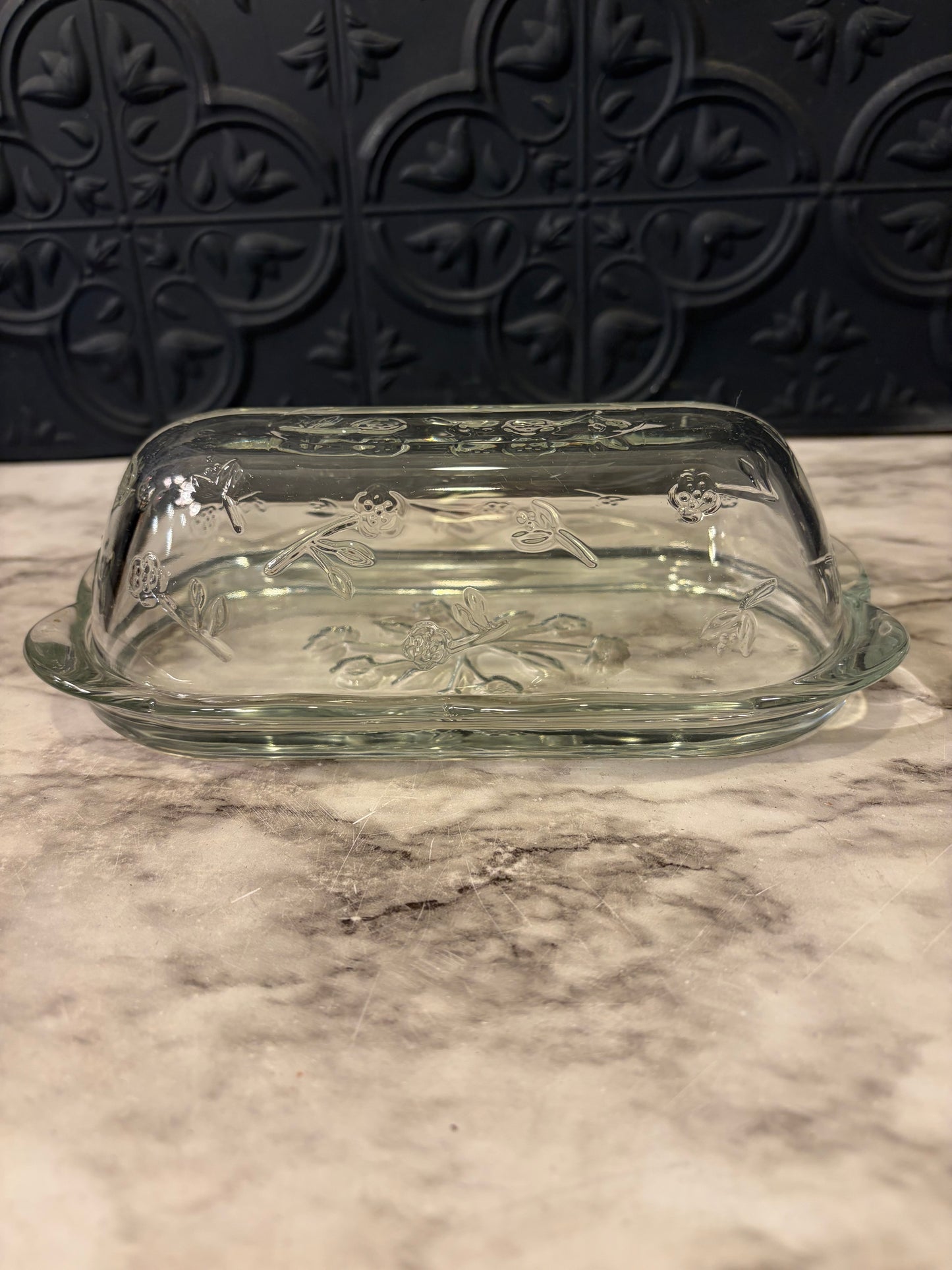 Anchor Hocking Savannah Pattern Glass Butter Dish