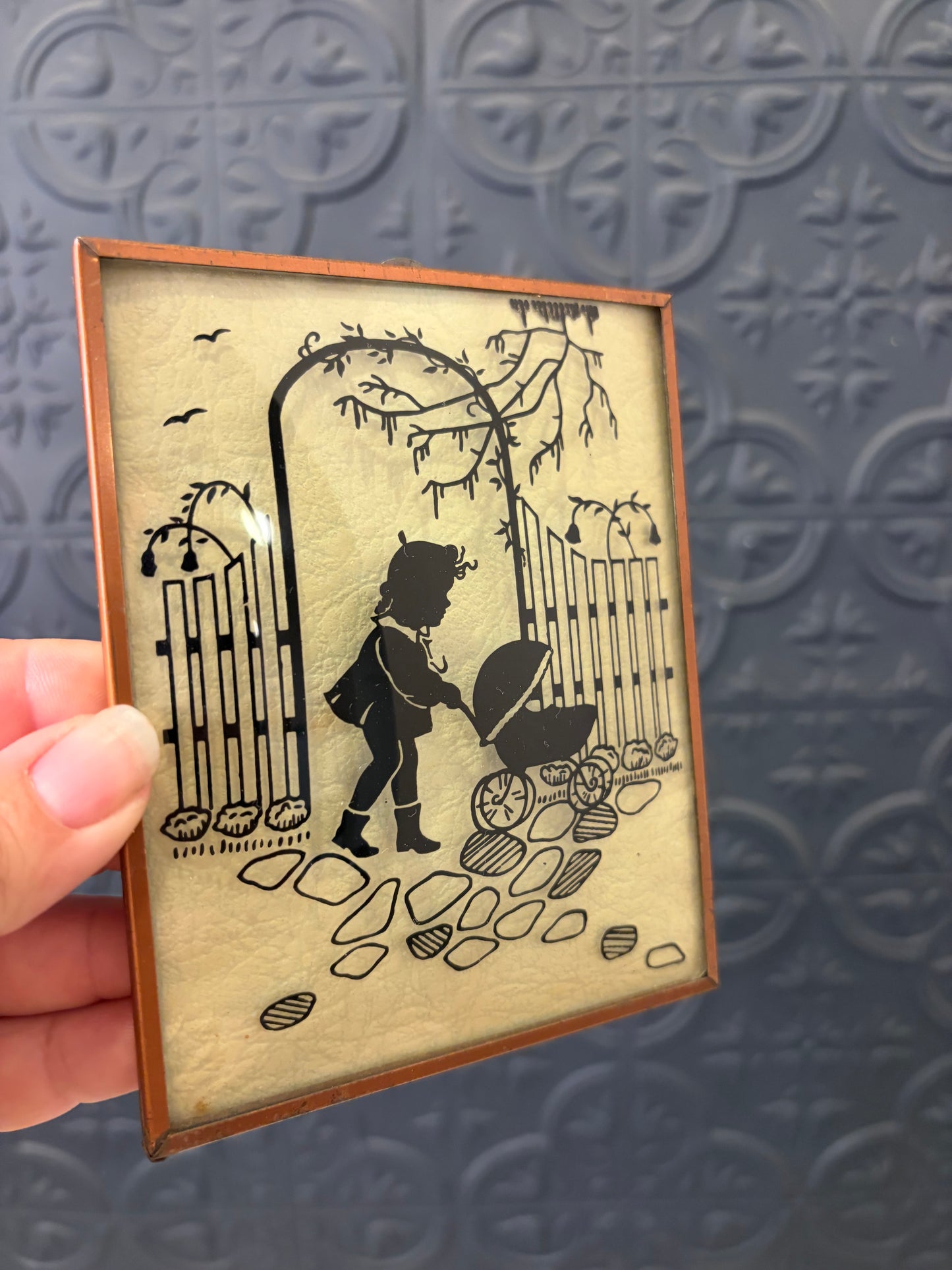 Reverse Painted Convex Silhouette Kid with Buggy