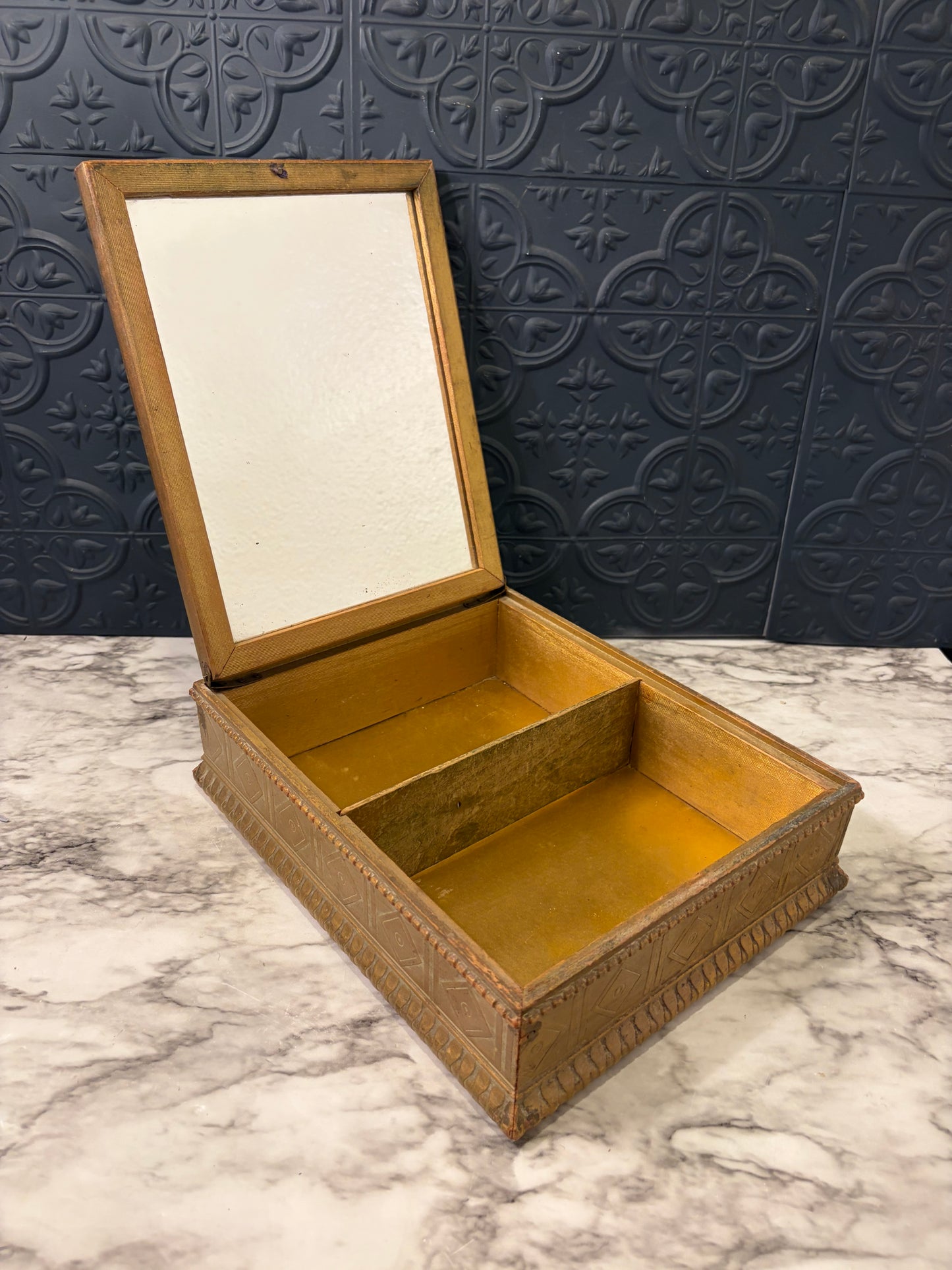 Vintage Wood Jewelry Box with Floral Lid