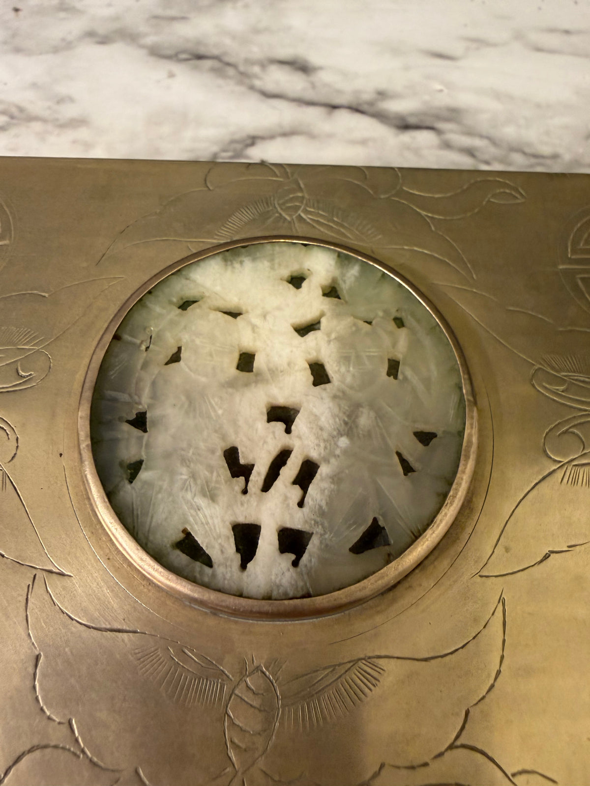 Brass Cigarette Box with Soapstone? Inlay