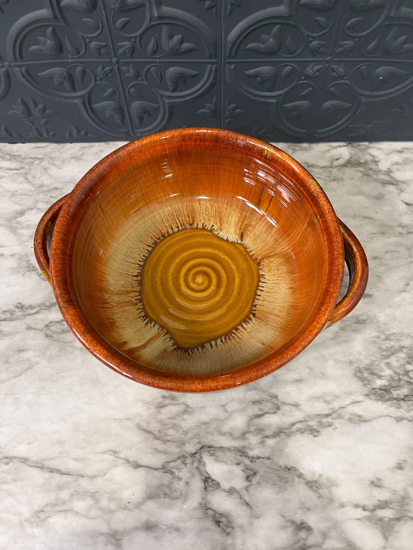 Studio Pottery Bowl With Handles Brown Swirl