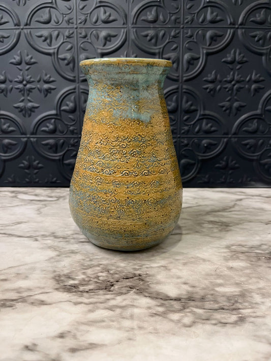 Blue and Tan Pottery Vase with  textured finish