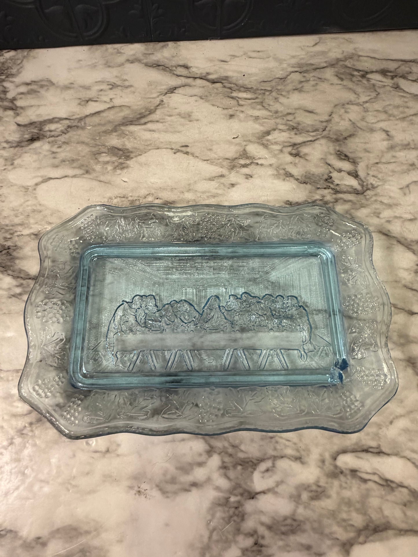 Blue Glass Plate with Last Supper AS IS
