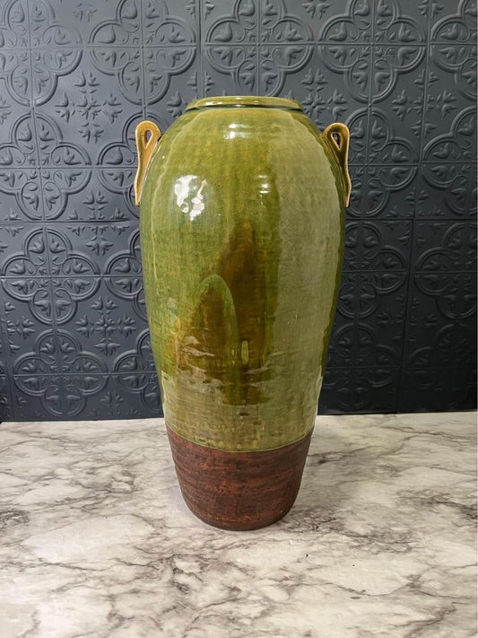 Large Green Glazed Vase With Brown Bottom