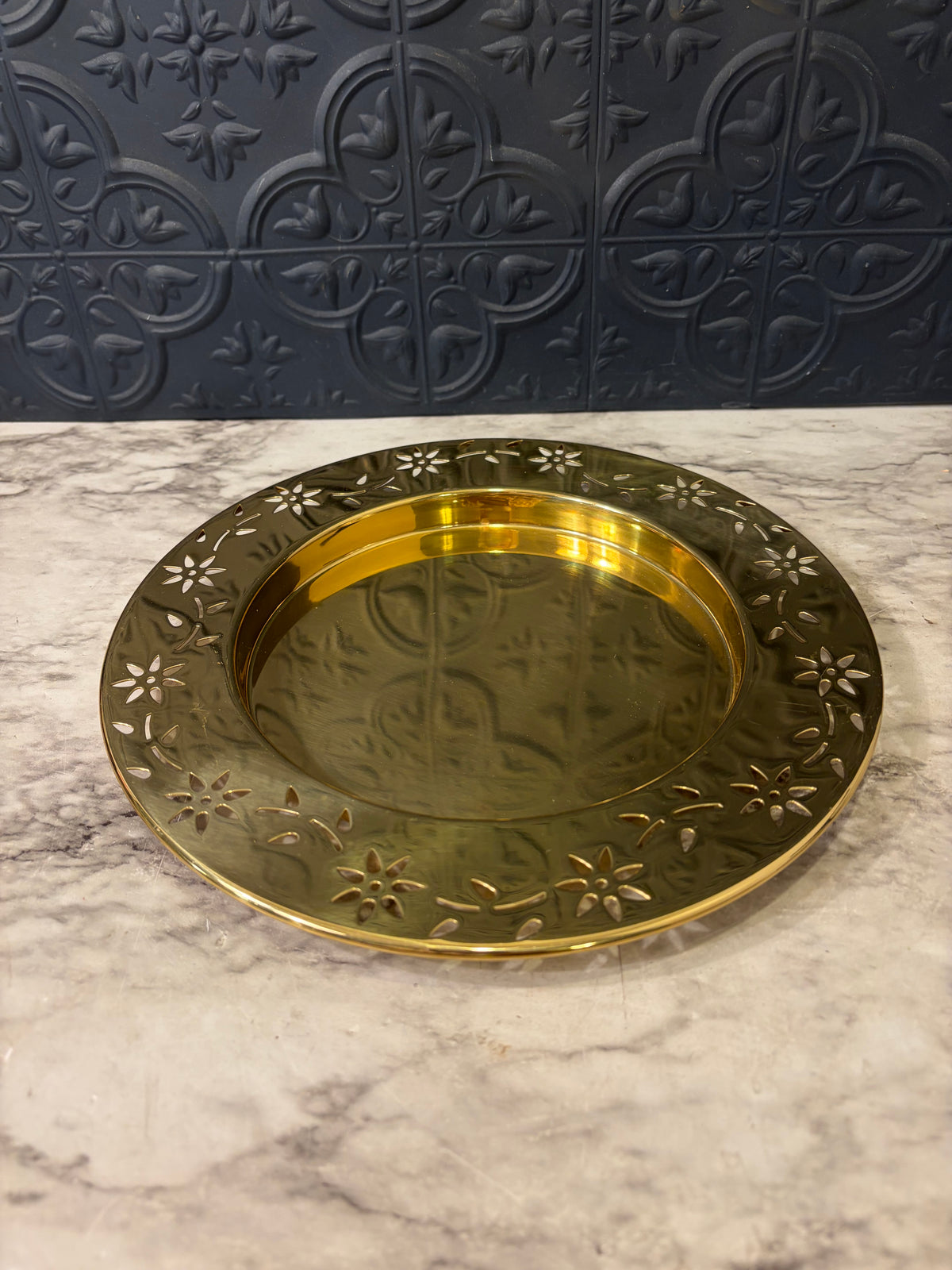 Brass Partylite Charger with Fower cutouts