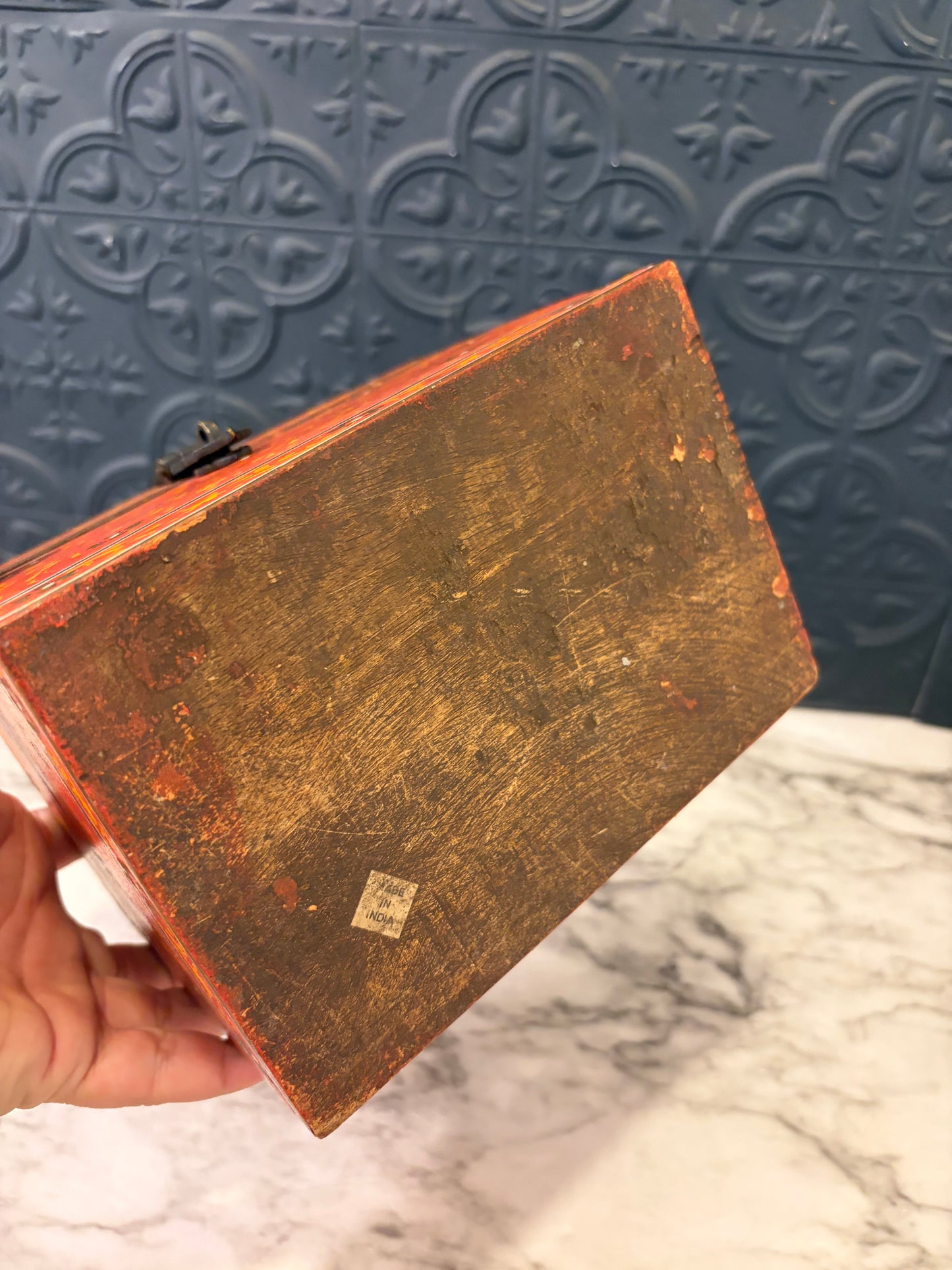 Orange Hand Painted Wood Box with Green Flowers