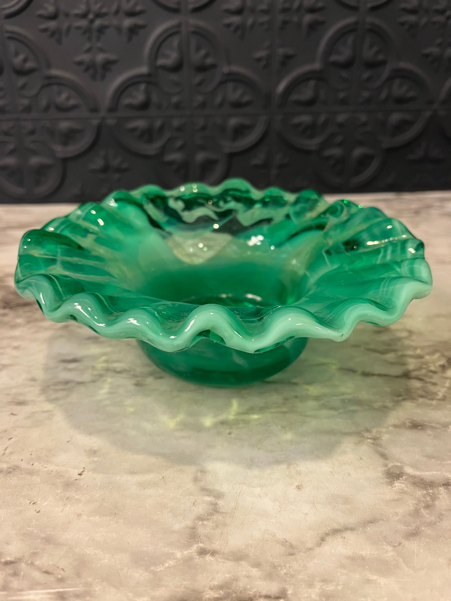 Hand Blown Green Glass Bowl with Ruffle
