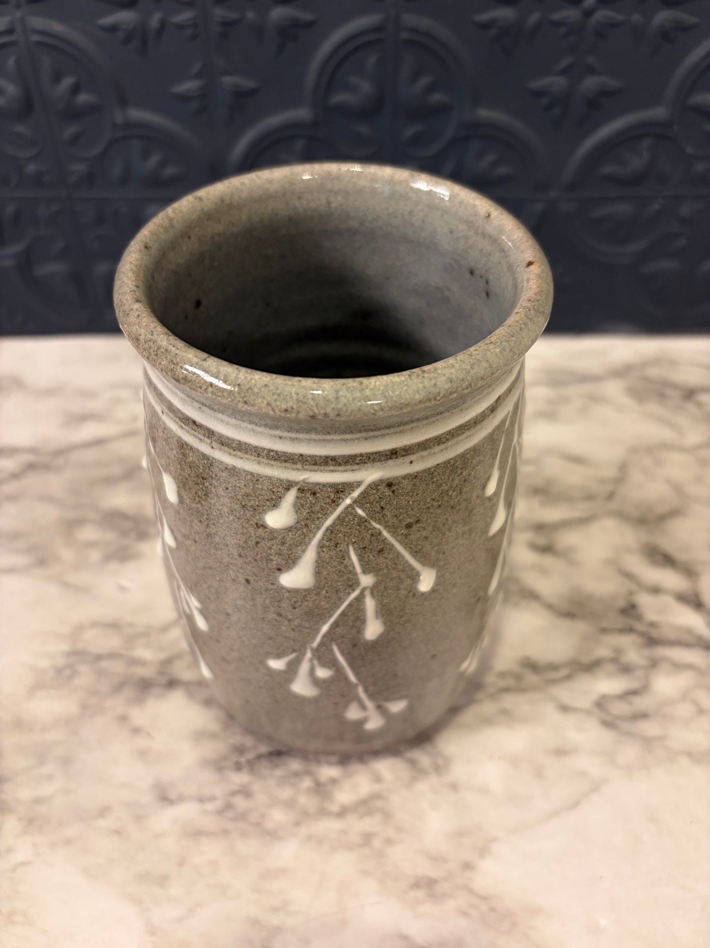 Grey Stoneware Vase with White Accents