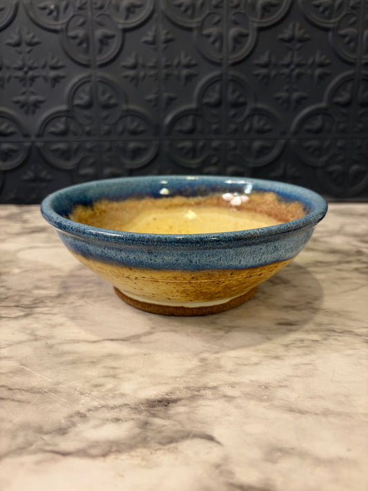 Tan Pottery Bowl with Blue Rim 6.5"