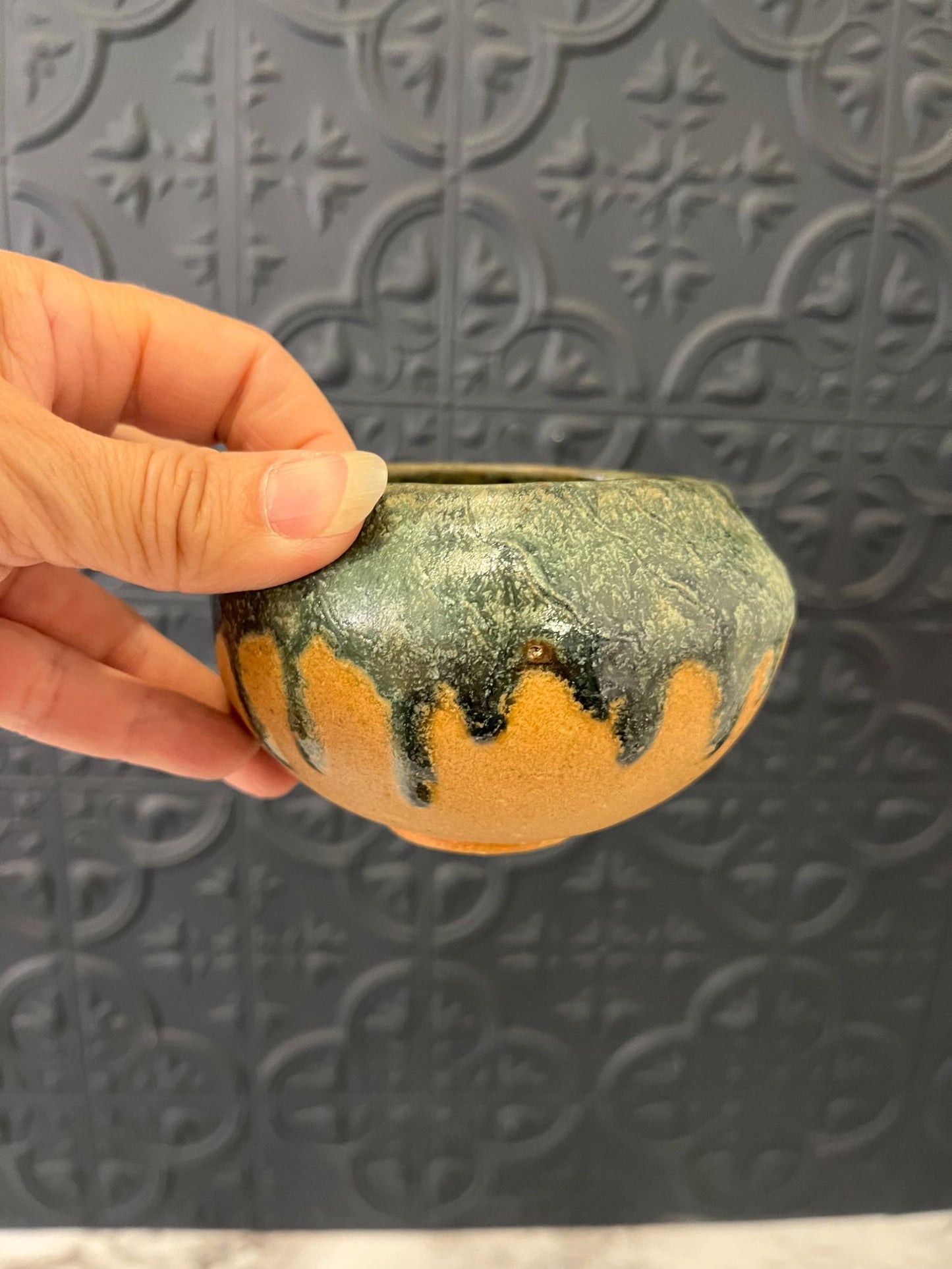 Small Tan Pottery Bowl with  Green Drip