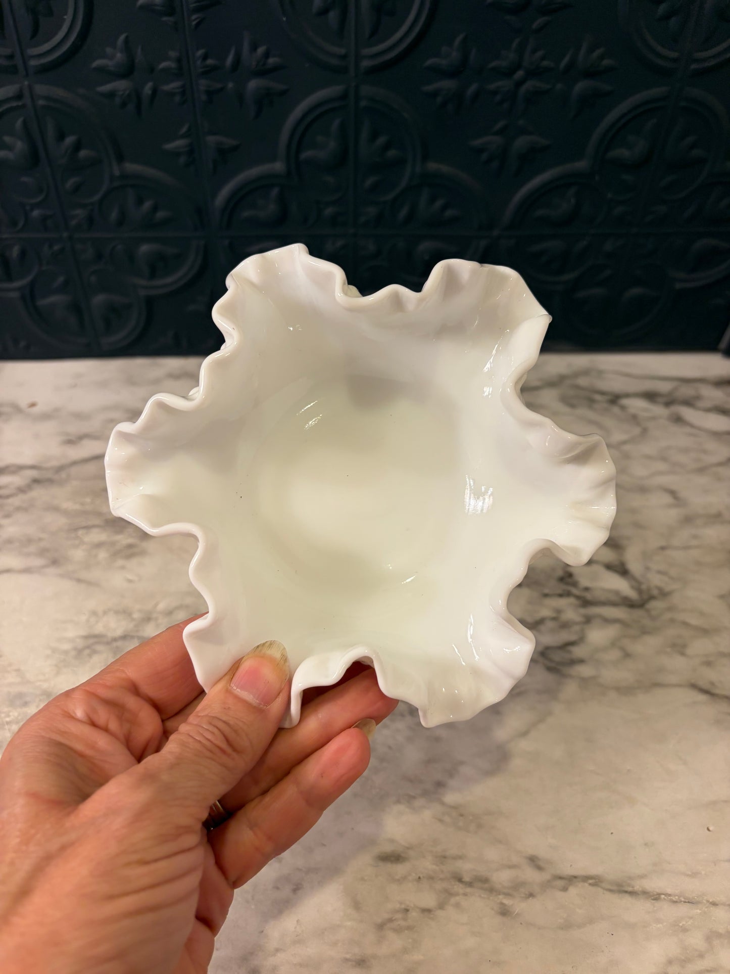 Fenton Milk Glass Hobnail Ruffled Edge Bowl