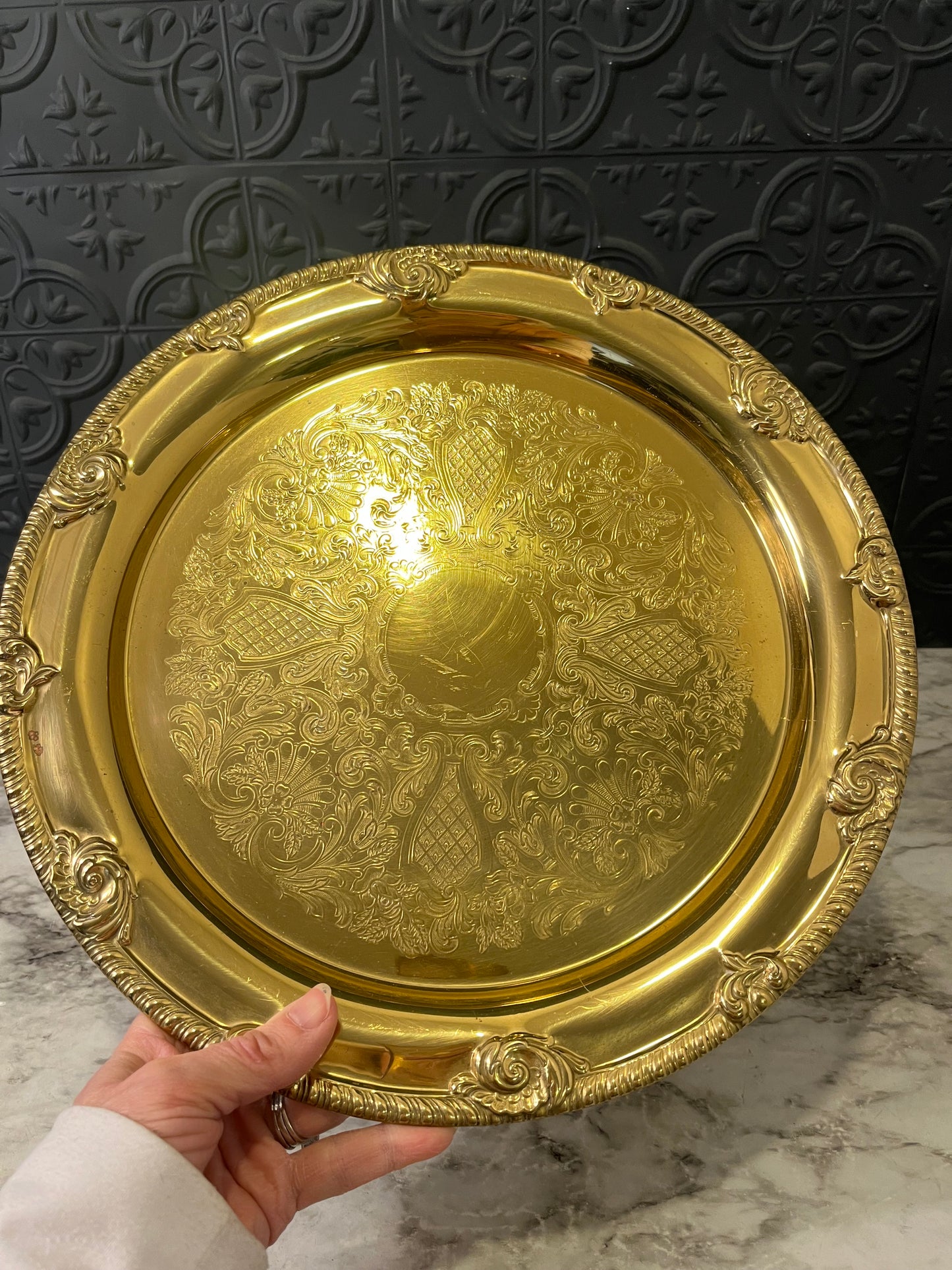 Round Etched Brass serving tray 13 inch