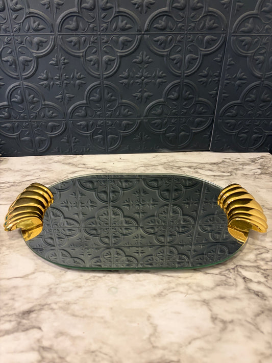 Art Deco Oval Mirror Tray with Shell Handles