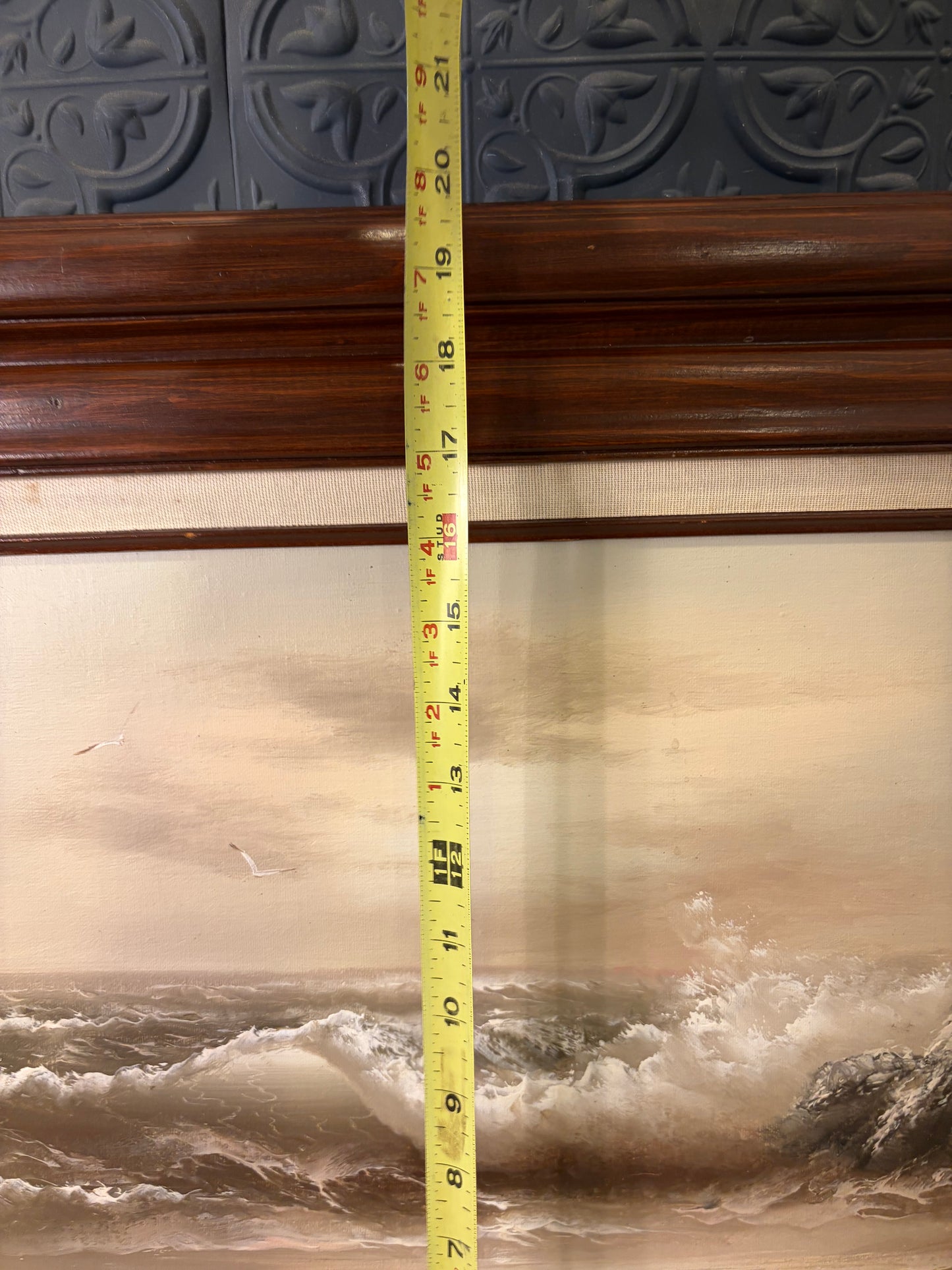 Muted Coastal Oil Painting in Dark Wood Frame
