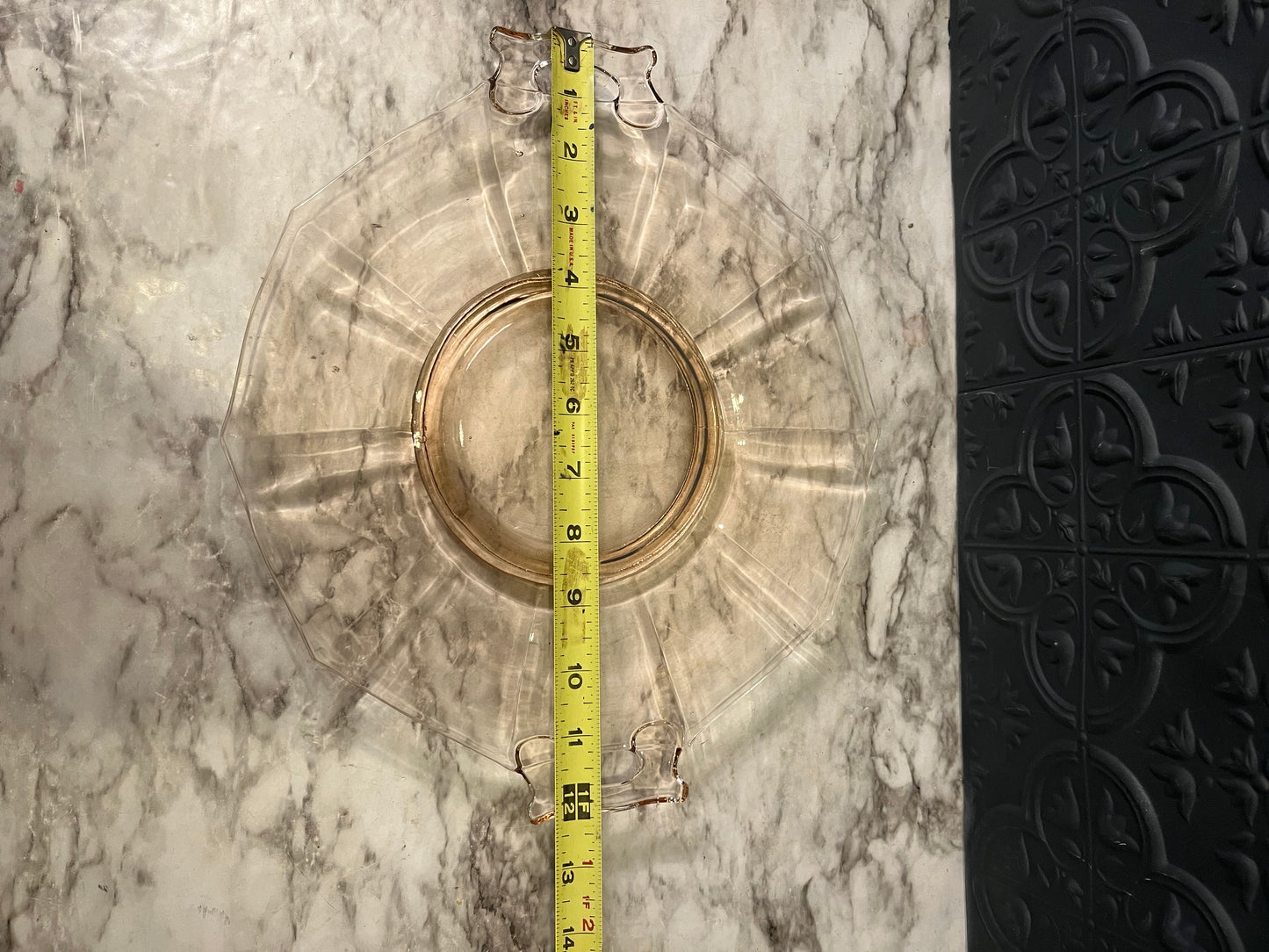 Pink Glass Serving Tray with Handles and ribbing