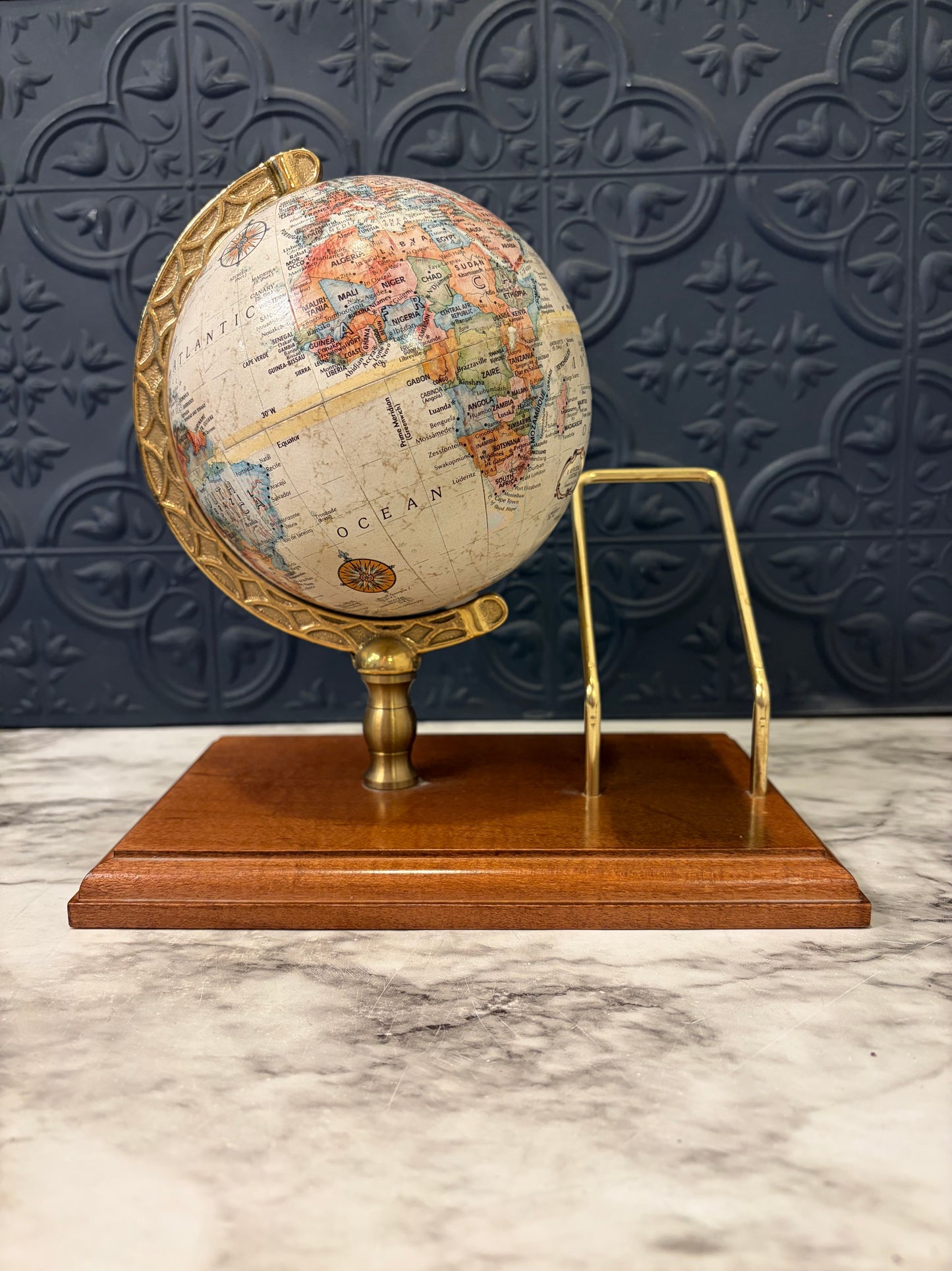 Wood and Brass Globe Desk Organizer