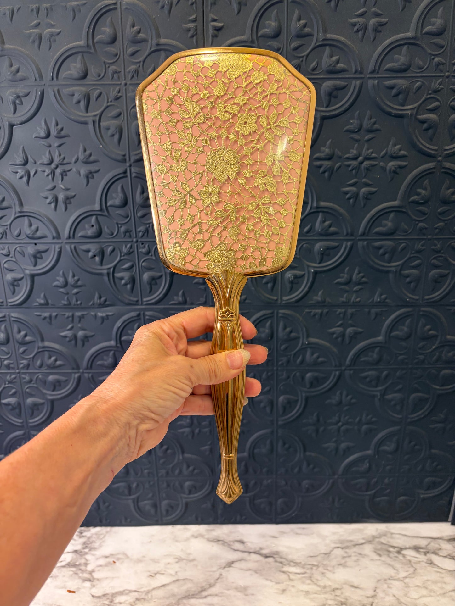 Pink/Gold Floral Vintage Hand Mirror