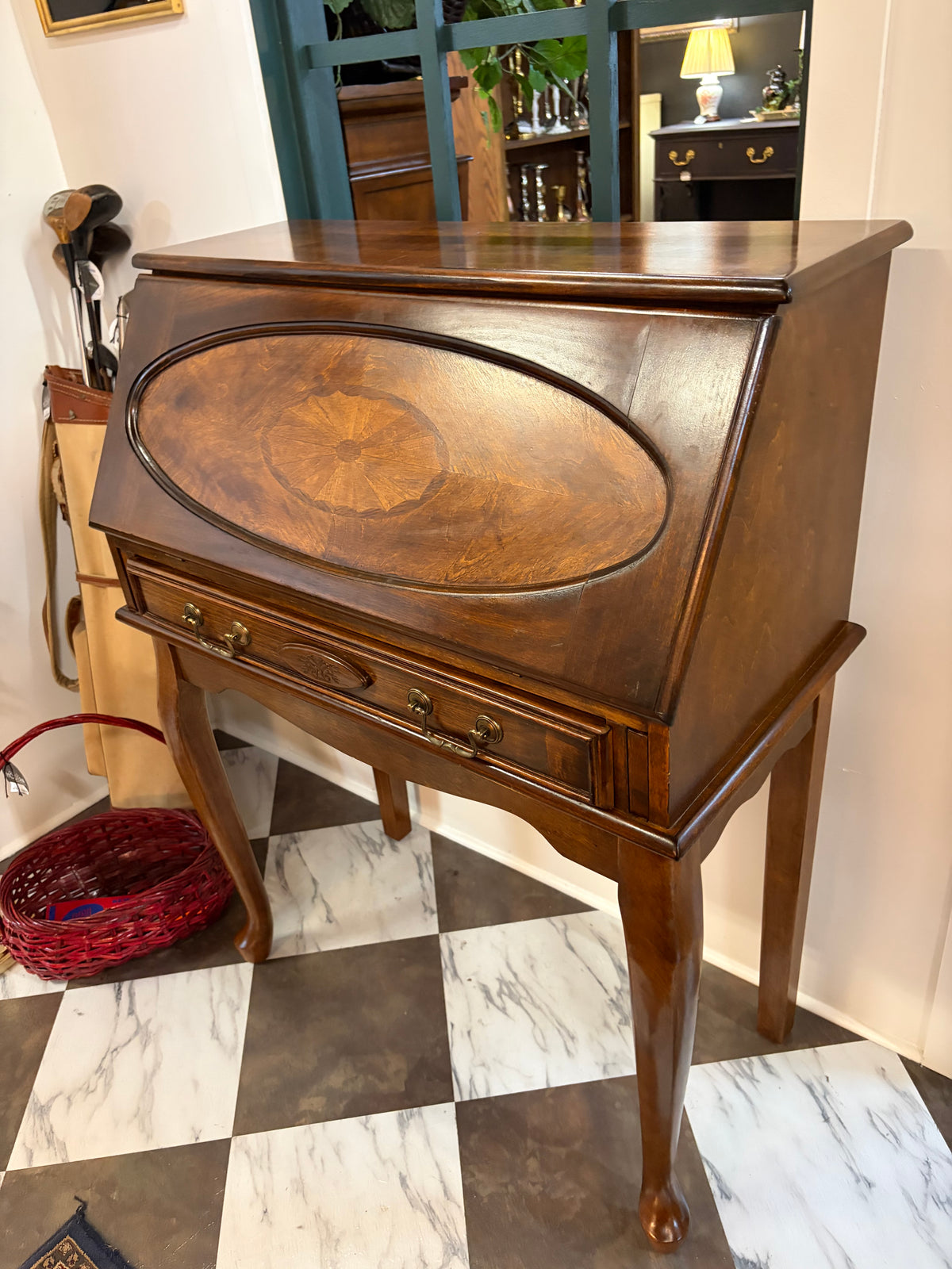 Drop Shelf Secretary Desk with Wood Inlay
