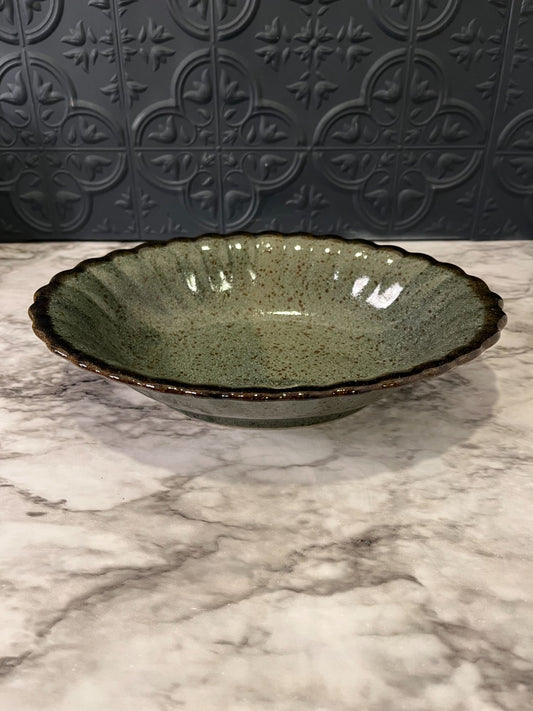 Green and Brown scallop Pottery  Bowl